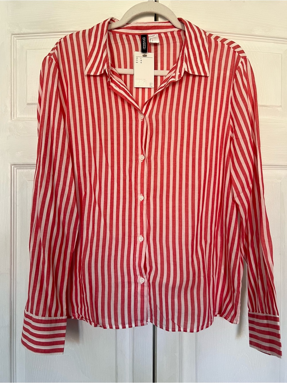 H&M Red and White Striped Button-Front Women’s Light Weight Cotton Shirt L NWT